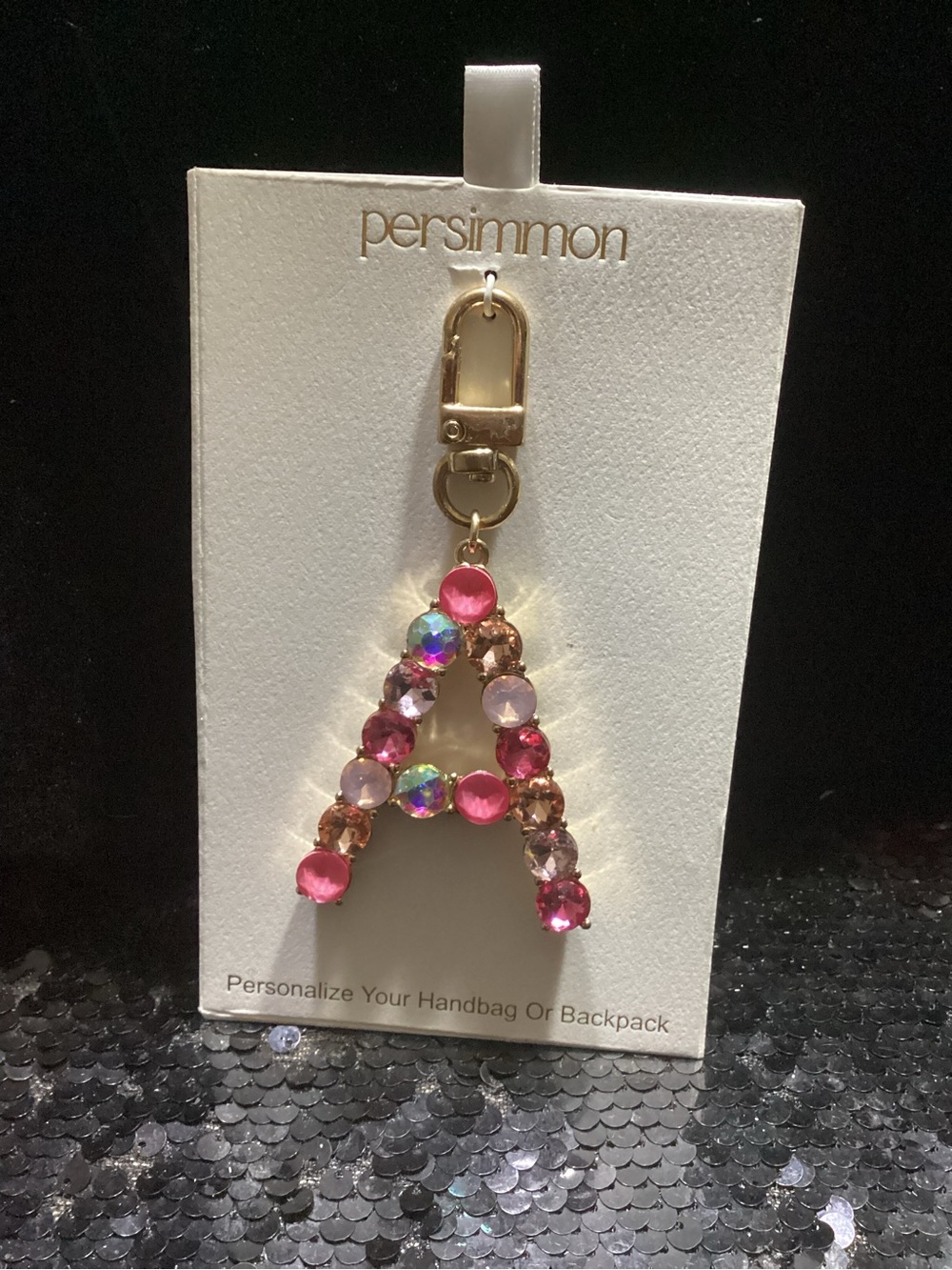 Persimmon Pink Crystal 'A' Initial Keychain with Gold Clasp